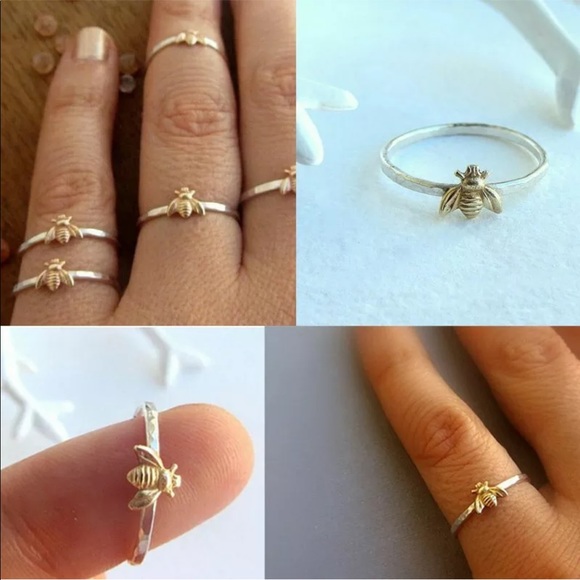 New Minimalist Gold Bee Ring With Hammered Band - Picture 3 of 5